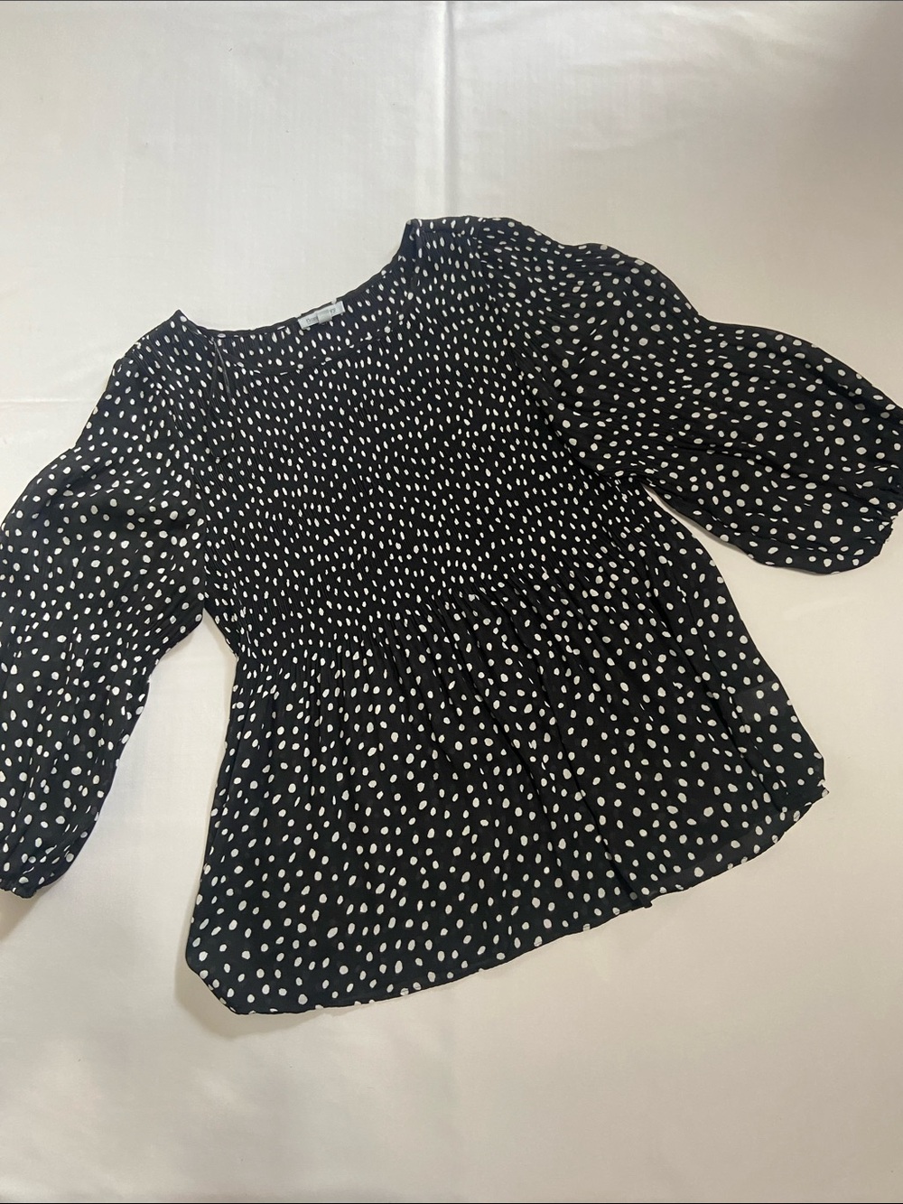 Floral & Ivy Women's 3/4 Sleeve Black & White Polka Dot Smocked Blouse XL Petite
